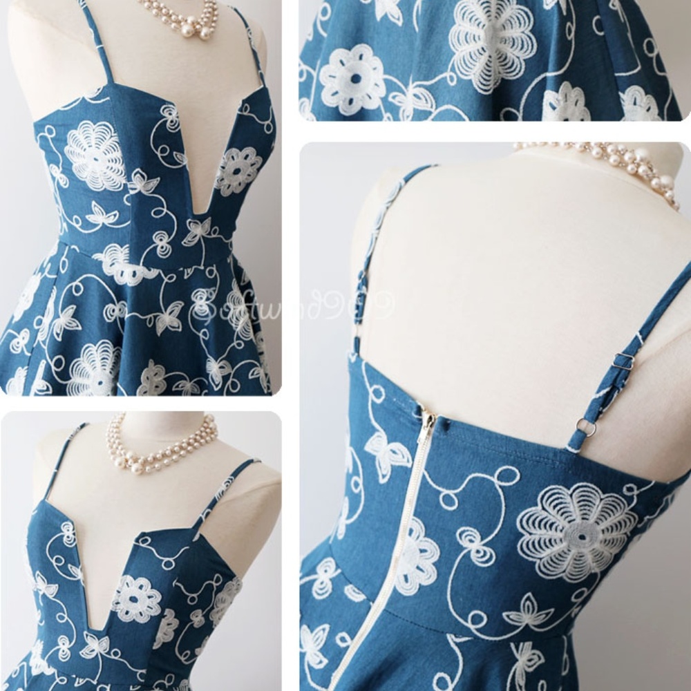 Last☝️ Blue Floral Embroidered Plunge Skater Dress - Picture 3 of 8